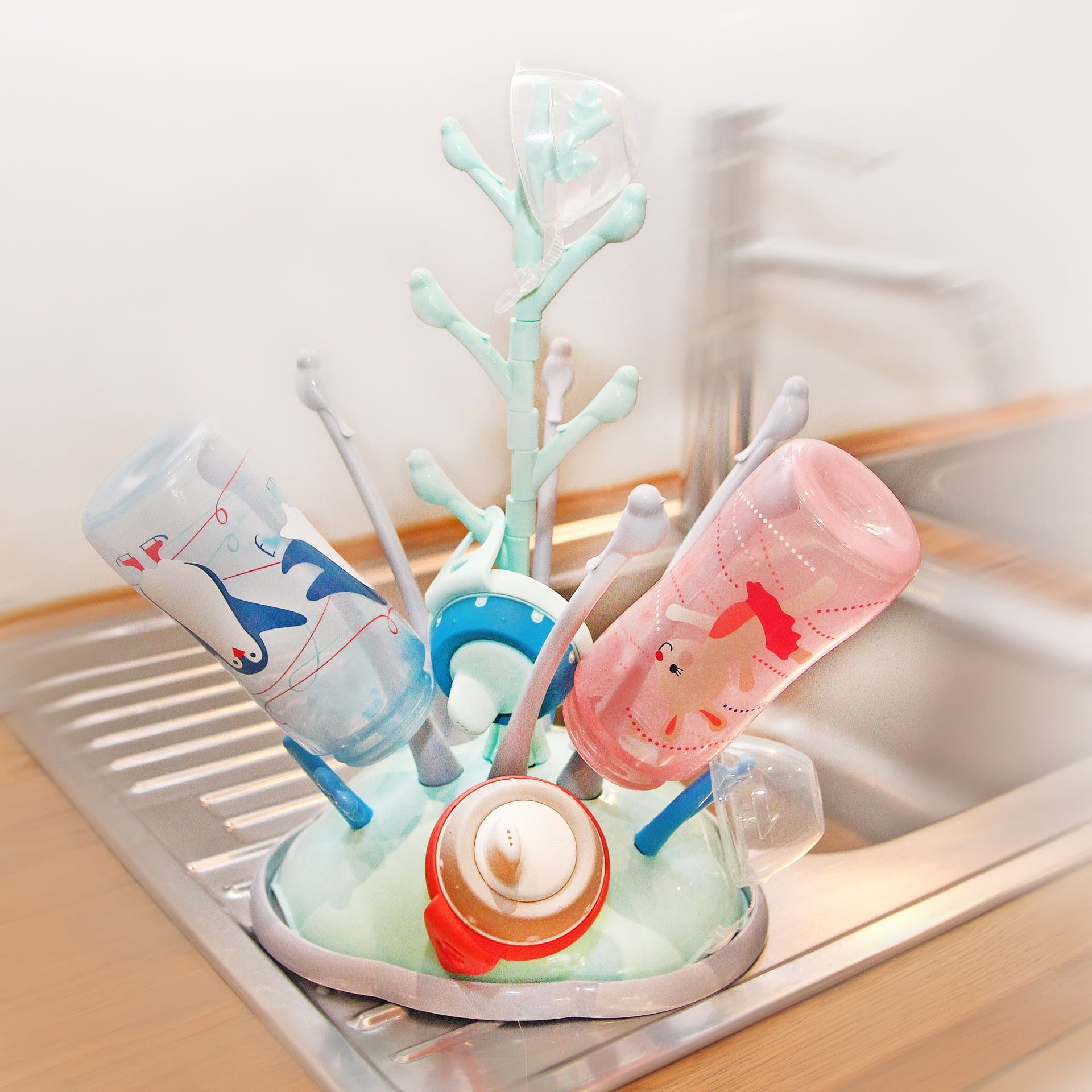 Baby Bottle Drying Rack, Bird Tree Design, with Removable Bowl for Small Glass Bottles, Baby Bottles and Accessories