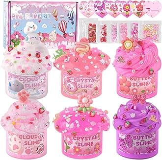 LAWOHO 6 Packs Gradient Pink Slime Kit - Cloud, Clear & Butter Slime Making Kit for Kids, Soft & Non Sticky Fluffy Slimes Kits for Girls & Boys with Cute Charms & Add-ins, 360ml Slimes Party Favors