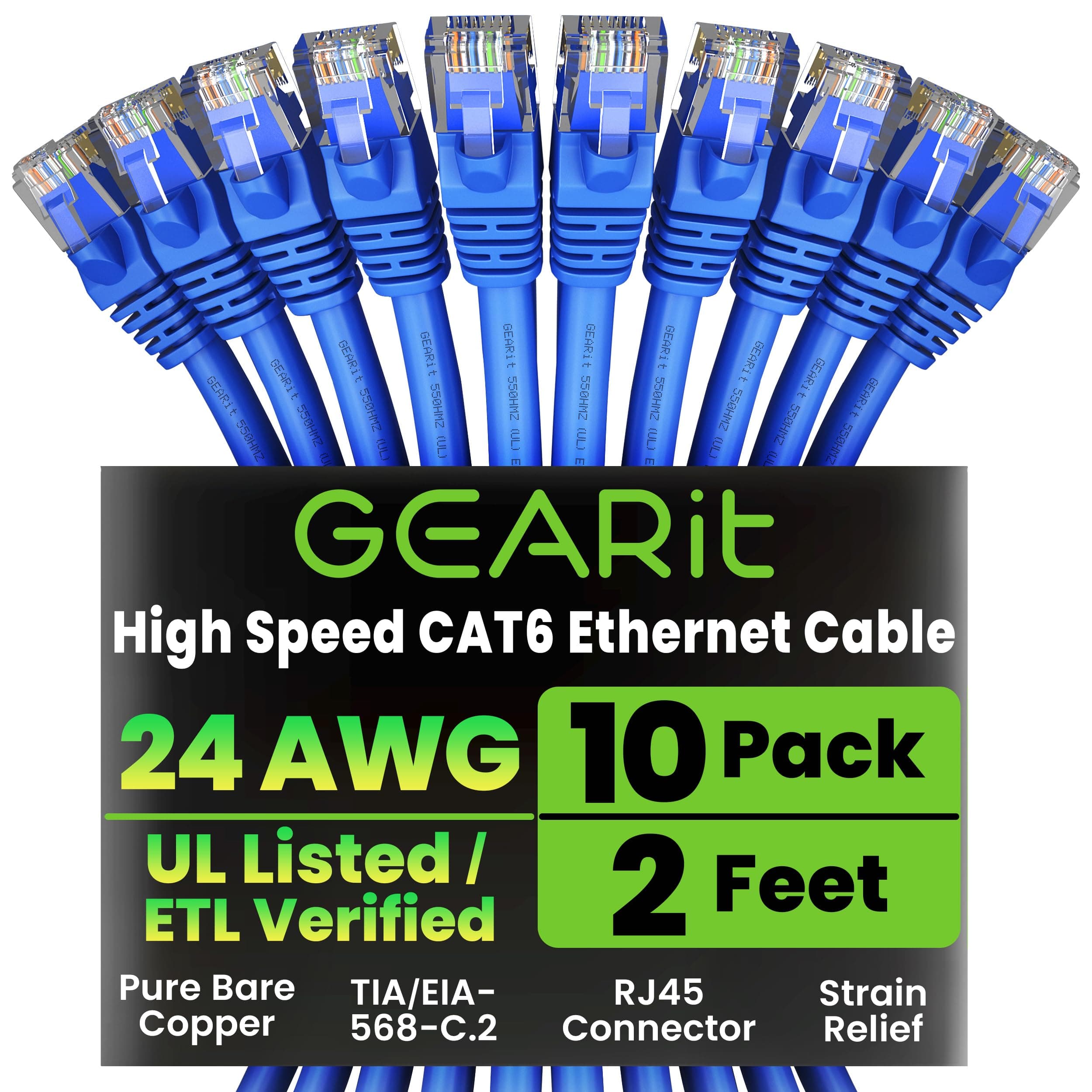 Cat 6 Ethernet Cable Pack - 10-Pack 2 ft Cat6 Ethernet Patch Cables | RJ45 Network Patch Cable, 10 Gbps Snagless Gold-Plated Connectors - Ethernet Cable Cat 6 for PC, TV, Router - Blue