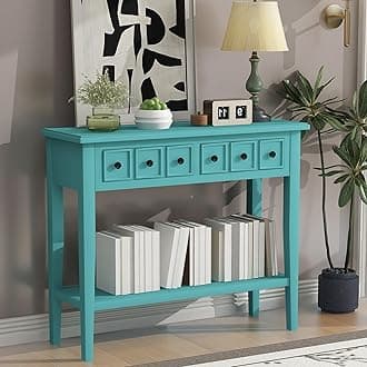 Knocbel Rustic Console Table with 2 Drawers and Open Shelf, Sofa Tables with Rubber Wood Legs for Entryway Living Room 38.2" W x 13" D x 31.9" H Teal