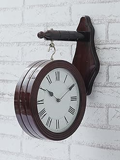 Beautiful Wooden Round Double Sided English Roman Numbers Station Hanging Wall Clock for Living Room Home Decor Office Gifts