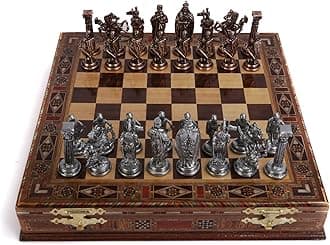 Royal Medieval British Army Antique Copper Metal Chess Set for Adults,Handmade Pieces and Natural Solid Wooden Chess Board with Storage Inside King 3.35inc