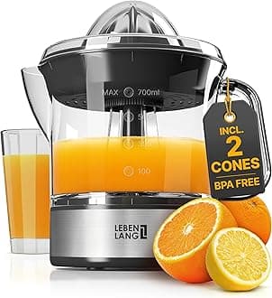 LEBENLANG – Electric juicer max juice yield | Citrus juicer + 2 cones 40W | Lemon, lime, orange, fresh fruit squeezer machine | Automatic lever press extractor | exprimidor de naranjas electrico