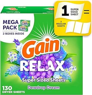 Gain Super Sized Dryer Sheets, Laundry Fabric Softener, Relax, 130 Count