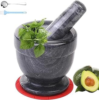 Mortar and Pestle Marble Set for Spices Pestos Seasonings Pastes Guacamole Bowl Herb Grinder Easy to Clean Included:Silicone Mat,Brush,Stainless Steel Spoon 4.33inch(Small,Black Gray)