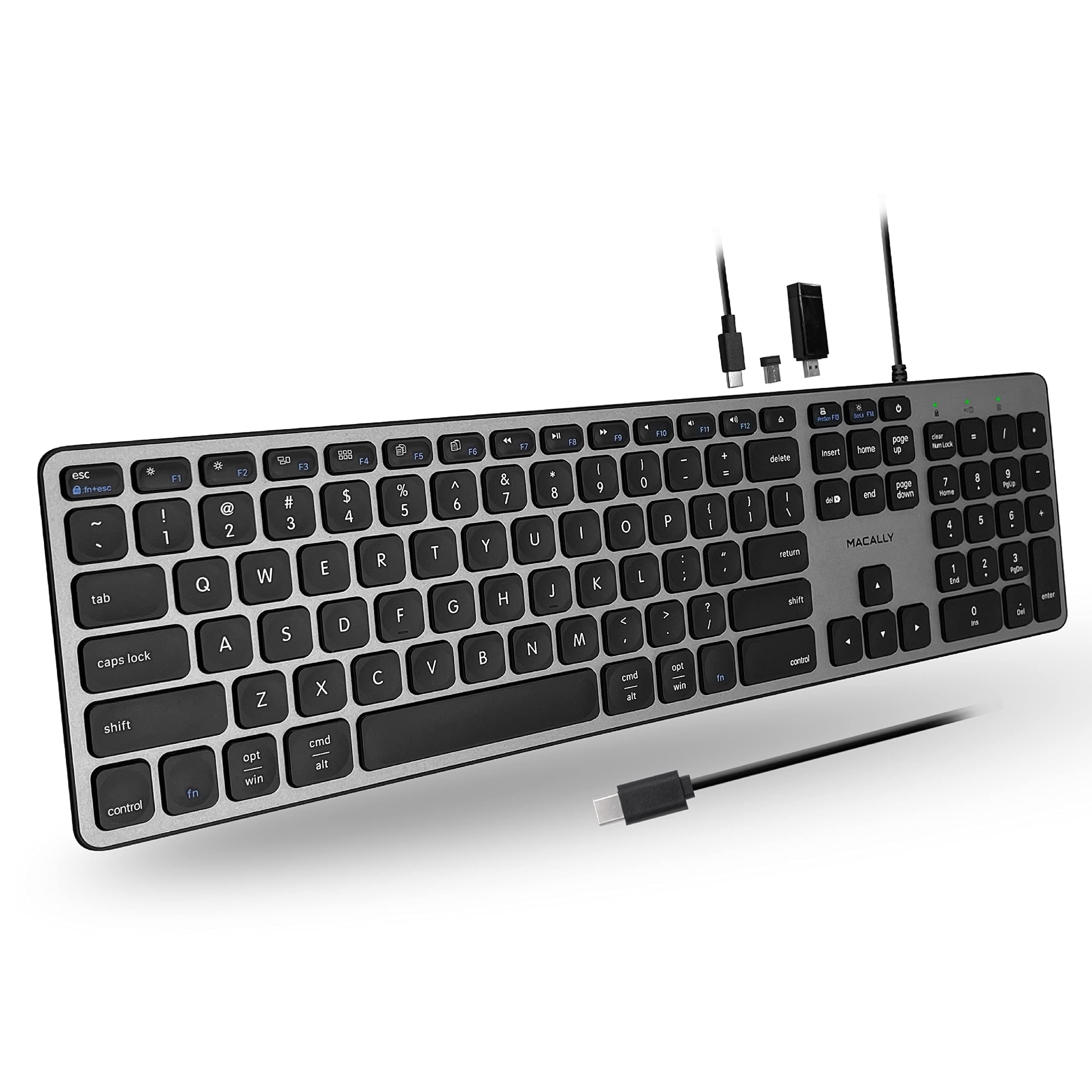 Macally UCZKEYHUBACSG, Extended USB-C Keyboard, with 2 USB-A & 1 USB-C ports and US QWERTY key cap layout, Space Grey