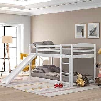 Twin Over Twin Low Bunk Beds with Slide Wood Floor Bunk Bed Frame with Convertible Bottom Bed for Kids Boys Girls, White