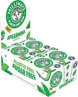 - Milliways Spearmint | Plastic Free Gum | Xylitol, Aspartame-Free, Sugar-Free, Plant-Based, Natural Chewing Gum | 120 Pieces Total (12 Packs of 10 Pieces)