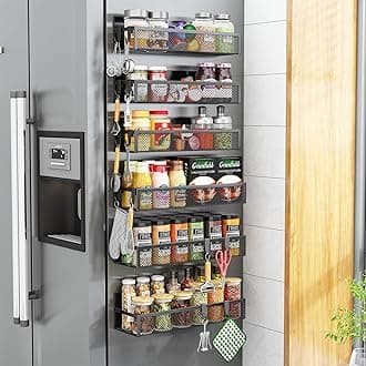 Aufworld Magnetic Spice Rack for Refrigerator, 6 Pack Magnetic Shelf, Fridge Magnet Organizer with Moveable 12 Hooks, Magnetic Fridge Shelf for Kitchen Organization and Storage (6 Pack)