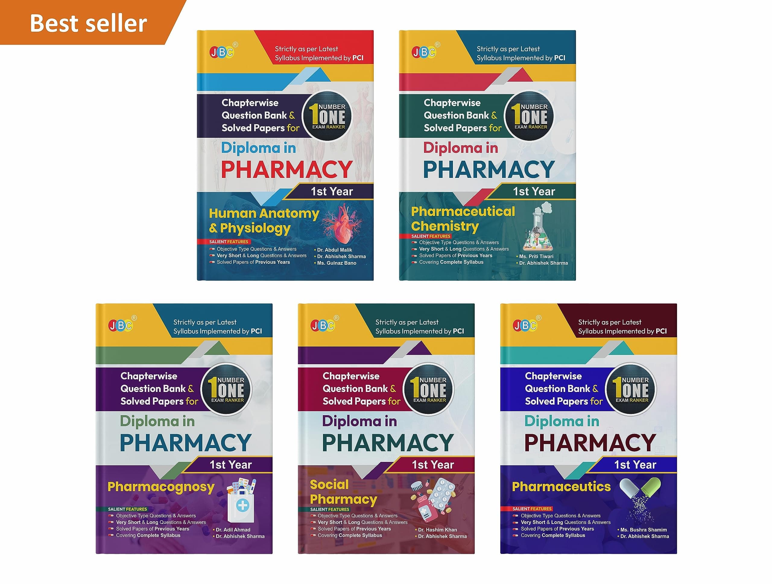 JBC PRESS Chapter-wise Question Bank & Solved Papers for Diploma in Pharmacy First Year Books (#1 Exam Ranker), (Complete Set of 5 Books), As per ER 2020 PCI Syllabus (English Medium), Latest Edition