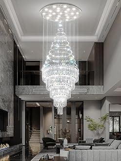 Flashing God D40''x H110'' Modern Crystal Chandelier LED Dimmable Large Raindrop Chandeliers High Ceiling Light for Foyer Stairwell Entryway Living Room Silver
