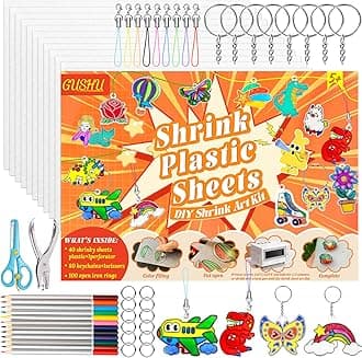 Gushu Shrinky Plastic Sheets Keychain Kit, 235Pcs Shrinky Art Kit Including 40 Pcs Shrink Plastic Sheets, Hole Punch, Pencils, Keychains, Scissors for Making Crafts and Keychains