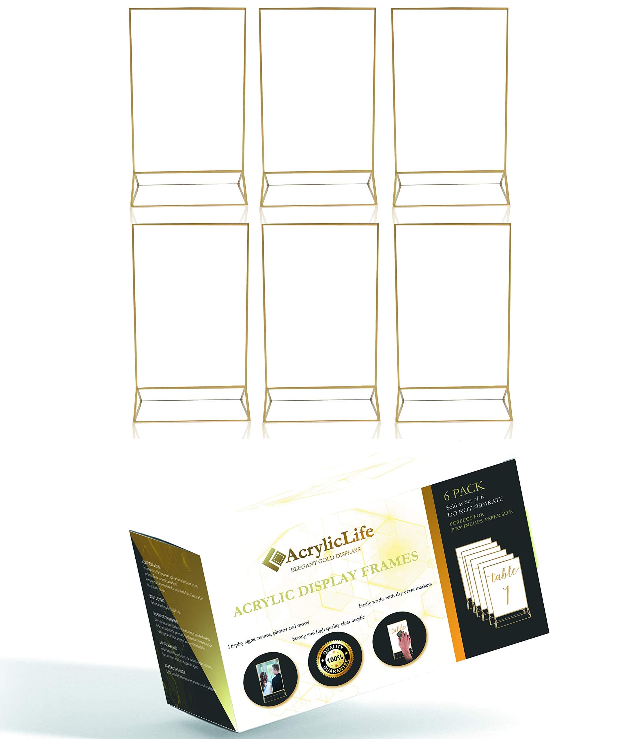 Gold Acrylic Frame Picture Table Holder | Ideal for Double Sided Sign, Clear Photo Holders, Menu Set, Art Display, Wedding Number Stand Decor, Set of 6 5 inches x 7 inches Holders