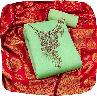 EthnicJunction Women's Chanderi Cotton Hand Embroidered Work Unstitched Salwar Suit Material With Banarasi Dupatta (Green & Red), Green, One Size