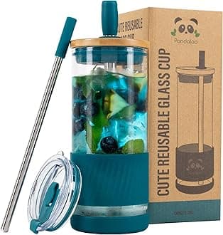 Glass Cups With Lids and Straws -20 Fl Oz- Perfect Size Iced Coffee Cup - Smoothie Cup With Bamboo Lid and On the go Lid - Glass Tumbler With Straw (1 Count (Pack of 1), Intense Teal)