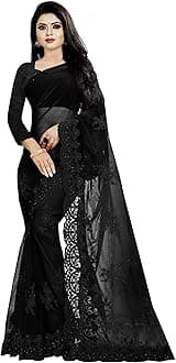 Women's Embroidered Work Net Fabric Saree With Unstitch Blouse Piece
