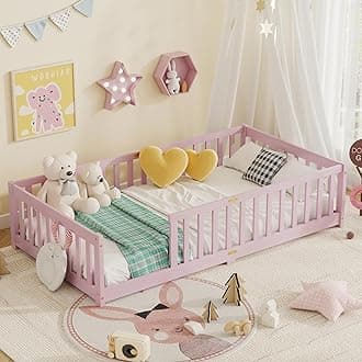 Twin Floor Bed with Safety Guardrails for Kids, Rubber Wood Montessori Bed with Slats, Twin Size Bed Frame for Girls and Boys,No Box Spring Needed,Pink