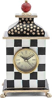 MACKENZIE-CHILDS Desk Clock, Decorative Wood Clock for Kitchen and Living Room, Black-and-White Courtly Check