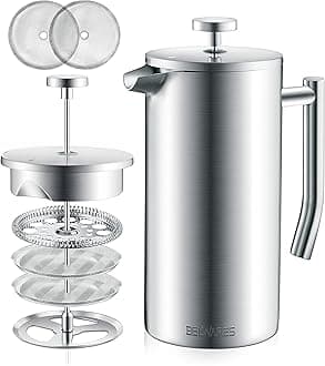 Belwares French Press Coffee Maker - Double Wall 304 Stainless Steel - 4 Level Filtration System with 2 Extra Filters, Silver, 34oz (1L)