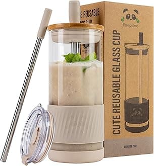 Pandaloo® Glass Cups With Lids and Straws -20 Fl Oz- Perfect Size Iced Coffee Cup - Smoothie Cup With Bamboo Lid and On the go Lid (Creamy Mushroom, 1 Count (Pack of 1)