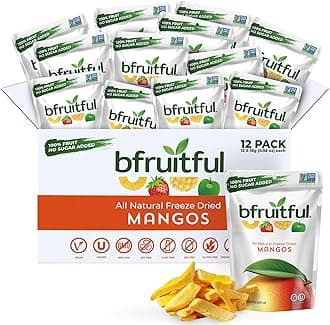 bfruitful freeze-dried mango, freeze dried fresh fruit pieces, gluten free, vegan, dairy free, kosher, no sugar, no GMO, healthy snacks for kids or adults,