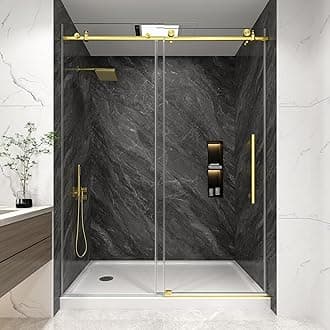 Frameless Shower Door, 43-48" W x 76" H Sliding Glass Shower Door, 1/4" (6mm) Thick Tempered Clear Glass with Explosion-Proof Film Nano Coating, Stainless Steel Hardware, Brushed Gold