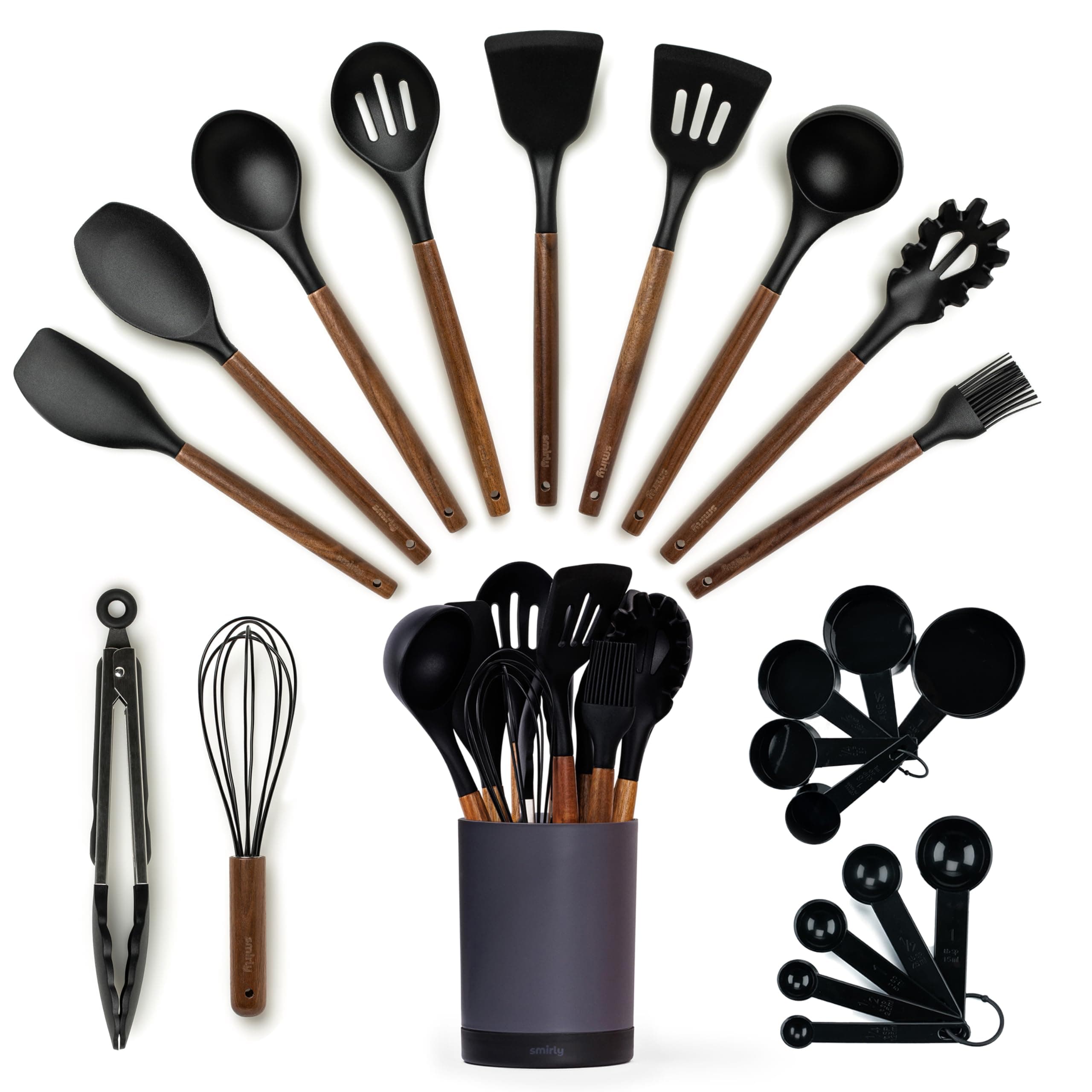 SMIRLY Kitchen Utensils Set – 22-Piece Silicone Cooking Utensils Set, Spatula Set with Holder, Wooden Handle Silicone Kitchen Gadgets for Nonstick Cookware
