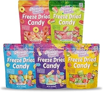Freeze Dried Candy - 5 Flavors Variety Pack Crunchy Peach Rings, Watermelon, Puffs, Worms, Burger Candy - 1.7oz Each, Sweet Treat Snack for School, Family, Birthday, Party Favors