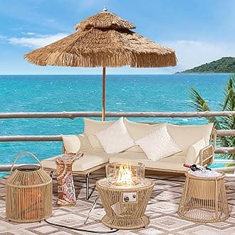 BULEXYARD 5 Piece Boho Outdoor Patio Furniture Sets with Round Propane Fire Pit Table, L-Shaped Wicker Rope Woven Patio Sectional Lounger Sofa Conversation Set w/Gas Tank Storage(Natural)