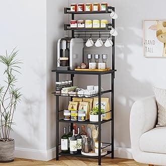 SWTYMIKI 6-Tier Coffee Bar Station - Bakers Rack with Drawer & 6 S-Shaped Hooks, Corner Coffee Stand Station, Bar Cabinet for Kitchen Entryway Living Room,11.81" Dx18.9 Wx56.7 H, Black