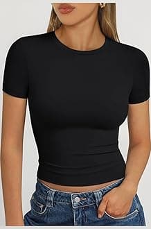 Trendy Queen Womens Basic T-Shirts Scoop Neck Short Sleeve Crop Tops Cute Summer Tops Slim Fit Tees Y2k Clothing