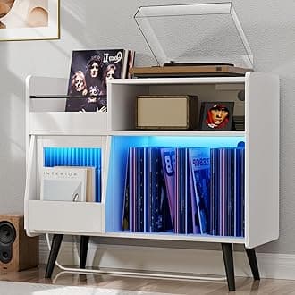 Large White Record Player Stand with Sliding Door,350 Vinyl Record Storage Cabinet, Record Player Table with Power Outlet and LED Light,Turntable Stand with Wood Legs for Living Room,Office