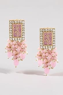 Zaveri Pearls Pink Ethnic Dazzling Austrian Diamonds & Clustered Beads Yellow Gold Drop Earring For Women-ZPFK15221