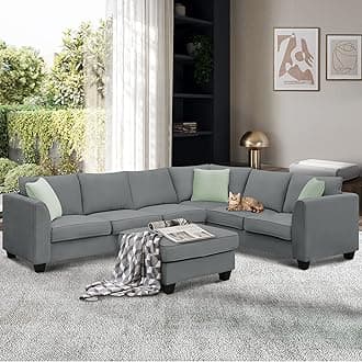 LZ LEISURE ZONE L-Shape Sectional Sofa Couches, Living Room Sets, 7 Seats Modular Sectional Sofa with Ottoman, Fabric Sofa Corner Couch Set with 3 Pillows, Grey