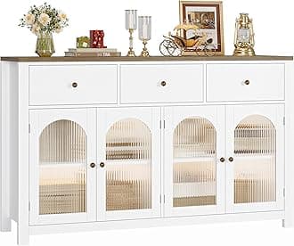 Buffet Cabinet with Storage, 55.1" Large Sideboard Buffet Cabinet, Farmhouse Kitchen Cabinets with 3 Drawers and 4 Doors, Wood Coffee Bar for Kitchen Dining Room