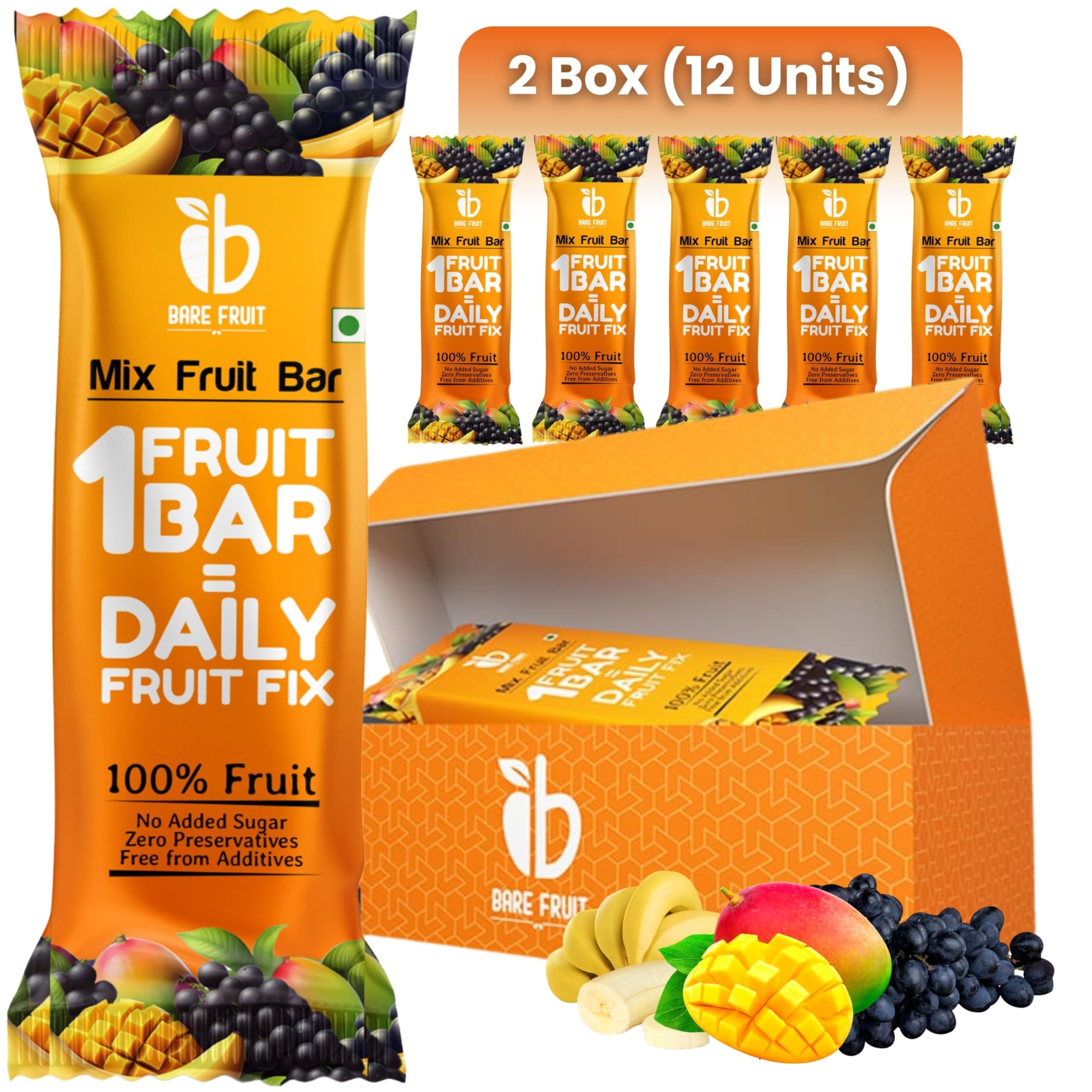 Barefruit Mix Fruit Bar Rich In Vitamin A & C, Magnesium & Iron| No Added Sugar, Zero Preservatives, Additive-Free | | Healthy Energy Snack (Pack of 2 (12 units), Mixed Fruit),200 G