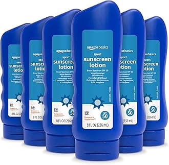 Amazon Basics Sport Sunscreen Lotion SPF 50, Water Resistant (80min), Formulated without Octinoxate & Oxybenzone, Broad Spectrum UVA/UVB Protection, Unscented, 8 fl oz, 6-Pack