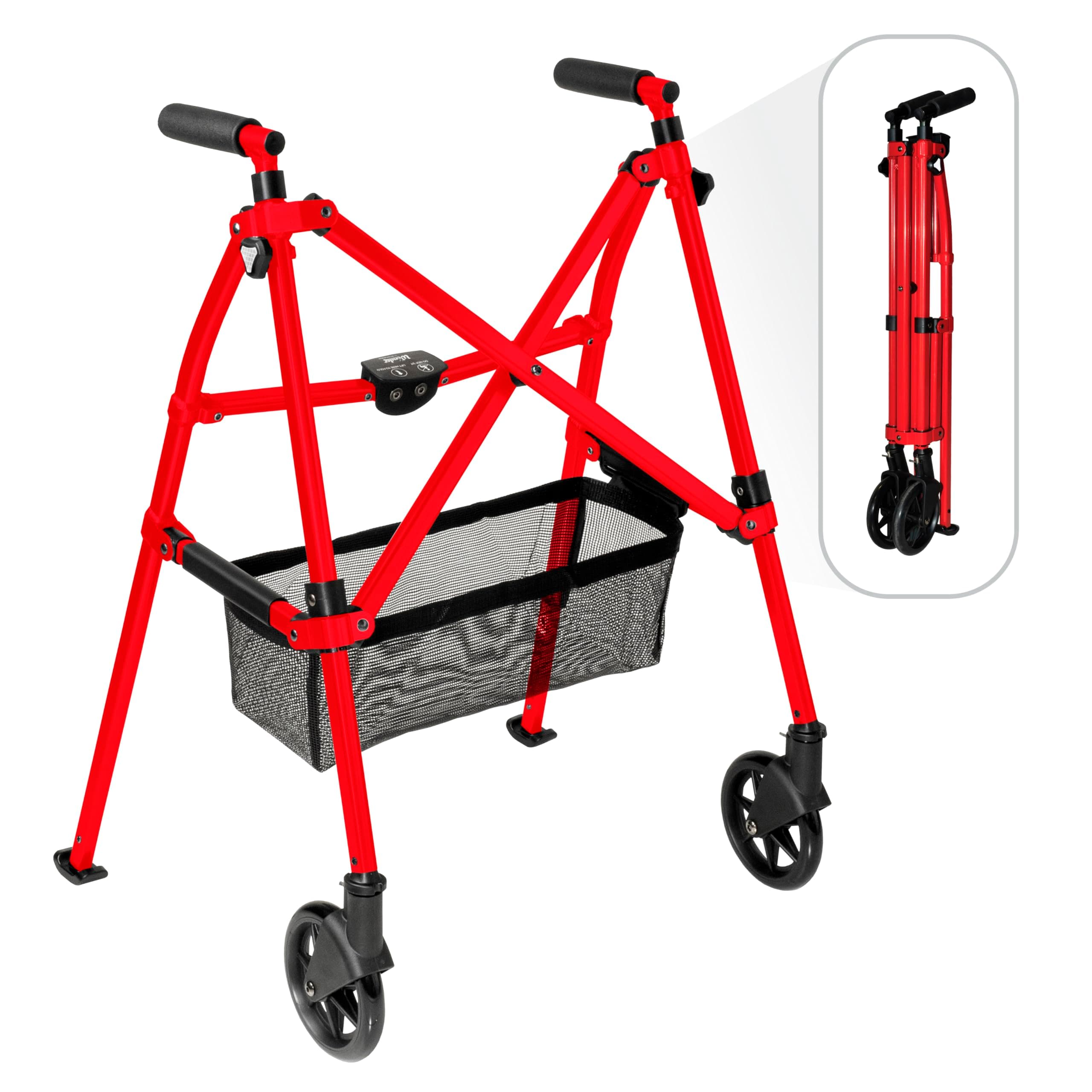 Stander EZ Fold-N-Go Walker, Lightweight Folding Rolling Walker for Adults, Seniors, and Elderly, Collapsable Travel Walker with Wheels, Ski Glides, and Pouch, Compact Standard Walker, Sport Red