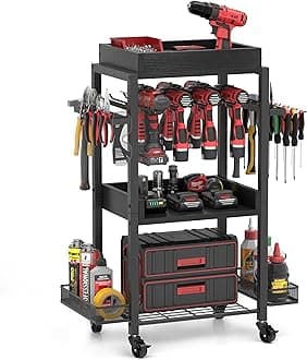 Olakee Power Tool Organizer Garage Storage Organization Shelving Tool Holder Drill Rack Shelf Rolling Cart Open Tool Chest Cabinet Box Organizer with Wheels Workshop Garage Gift Ideas for Men Dad