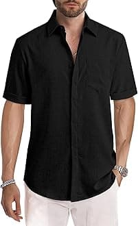 JMIERR Men's Casual Stylish Short Sleeve Button-Up Striped Dress Shirt Cotton Beach Shirts