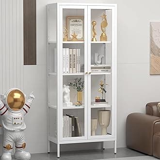Display Cabinet with Glass Doors, Glass Display Cabinet 4-Tier, Metal Curio Display Cabinet with Tempered Glass Doors for Living Room, Plant, Display Shelf, Assembly Required, White