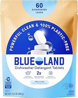 100% Plastic-Free Dishwasher Detergent Tablets, 60 Count, Free & Clear, Eco-Friendly Dishwashing Pods, Natural, USDA Certified biobased