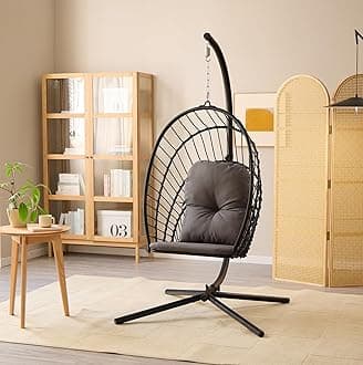 Indoor/Outdoor Egg Hanging Chair with Stand - Patio Wicker Swing Hammock Chair. 350lbs Capacity, Cushioned. Ideal for Bedroom, Balcony, Porch, Garden. Versatile Swing Chair for All Spaces