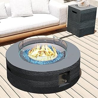 UPHA 42-inch Outdoor Propane Gas Fire Pit Table 50000 BTU Concrete Rectangle FirePit for Outside Patio with Propane Tank Cover, Wind Guad, Navyblue Fire Glass, Rain Cover, Grey Texture