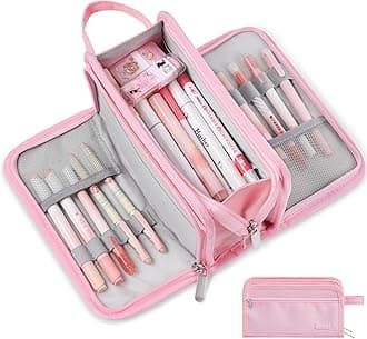 Large Pencil Case, Big Capacity Pencil Pouch Pen Bag with 3 Compartment, Portable Canvas Stationery Organizer with Zipper, Cute Aesthetic School Supplies for Teen Girls College, Pure Pink