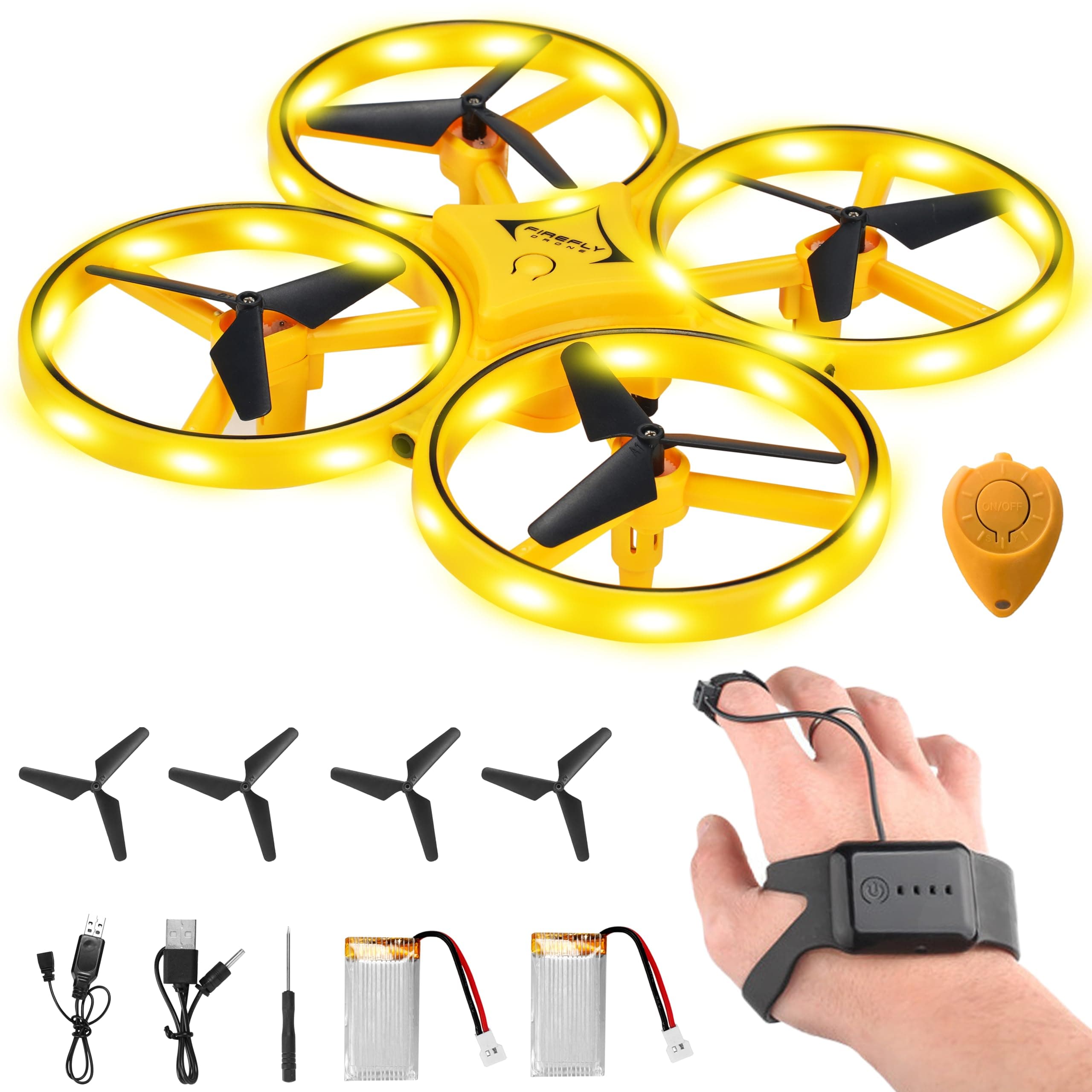 Gesture Control Drone Rc Quadcopter Aircraft Hand Sensor Drone with Smart Watch Controlled, 2 batteries, 360° Flips, Led Light, 3 Modes, 2 USB Cables, Best Gift for Kid