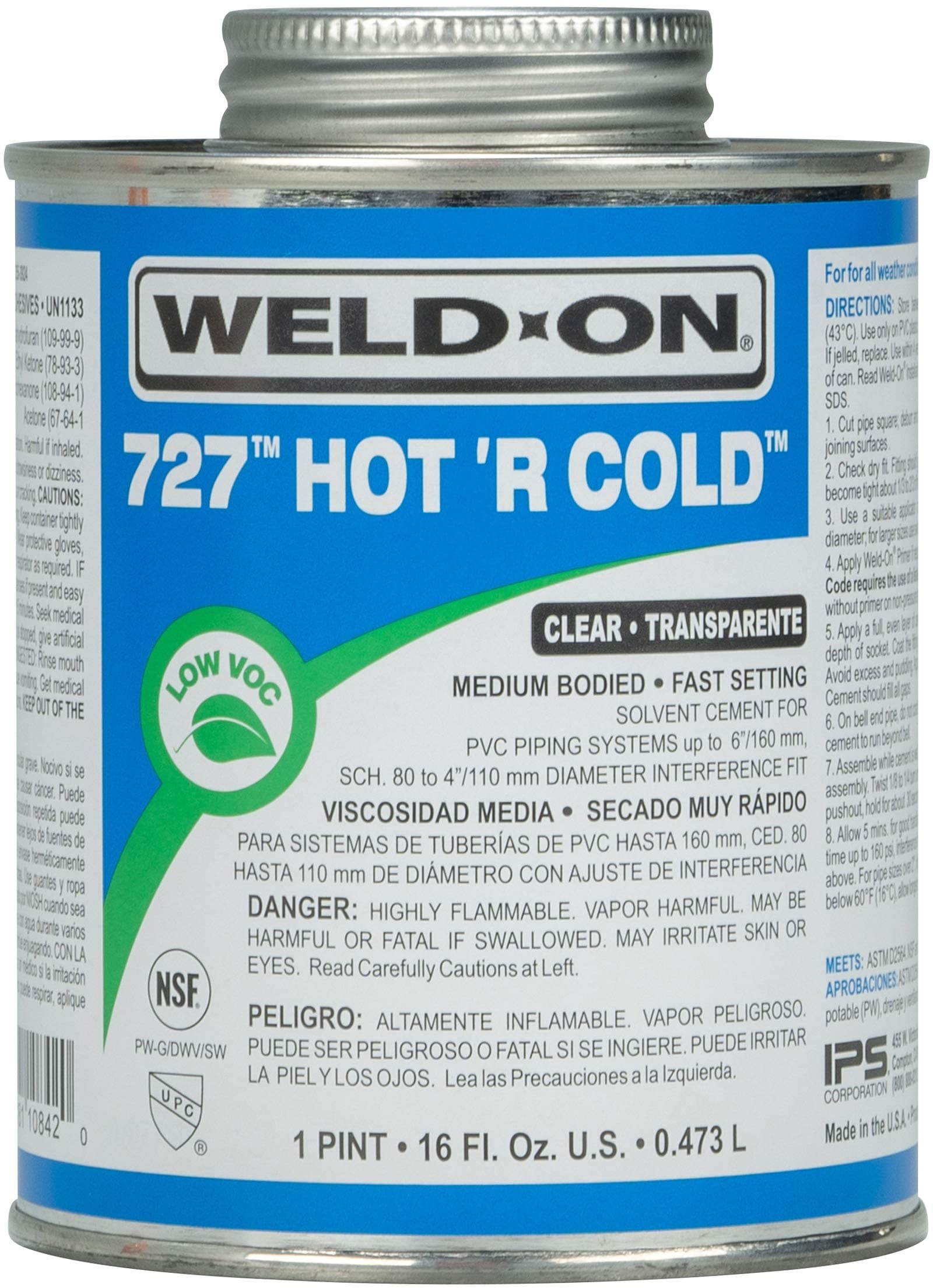 10842 727 Hot 'R Cold PVC Medium-Bodied High-Strength Solvent Cement - Very Fast-Setting and Low-VOC, Clear, 1 Pint (16 fl oz)