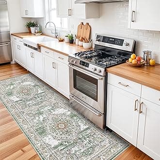 3x8 Washable Hallway Runner Rug: Long Ultra Soft Kitchen Bathroom Runners Vintage Non Slip Floor Mat for Bedroom Living Room Accent Farmhouse Dining Room Carpet (Green/White, 3x8)