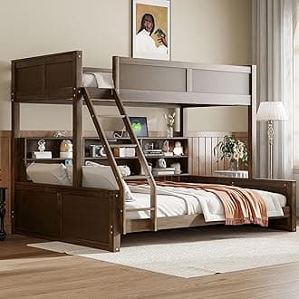 RuiSiSi Twin XL Over Queen Bunk Bed with Storage and USB Ports, Solid Wood Floor Bunk Bed with Safety Guardrails and Ladder for Kids Teens Adults, No Box Spring Needed, Antique Wood