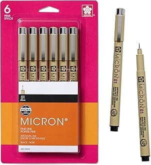 SAKURA Pigma Micron Fineliner Pens, 01 Tip Size, Archival Black Ink, 6 PK 50035
